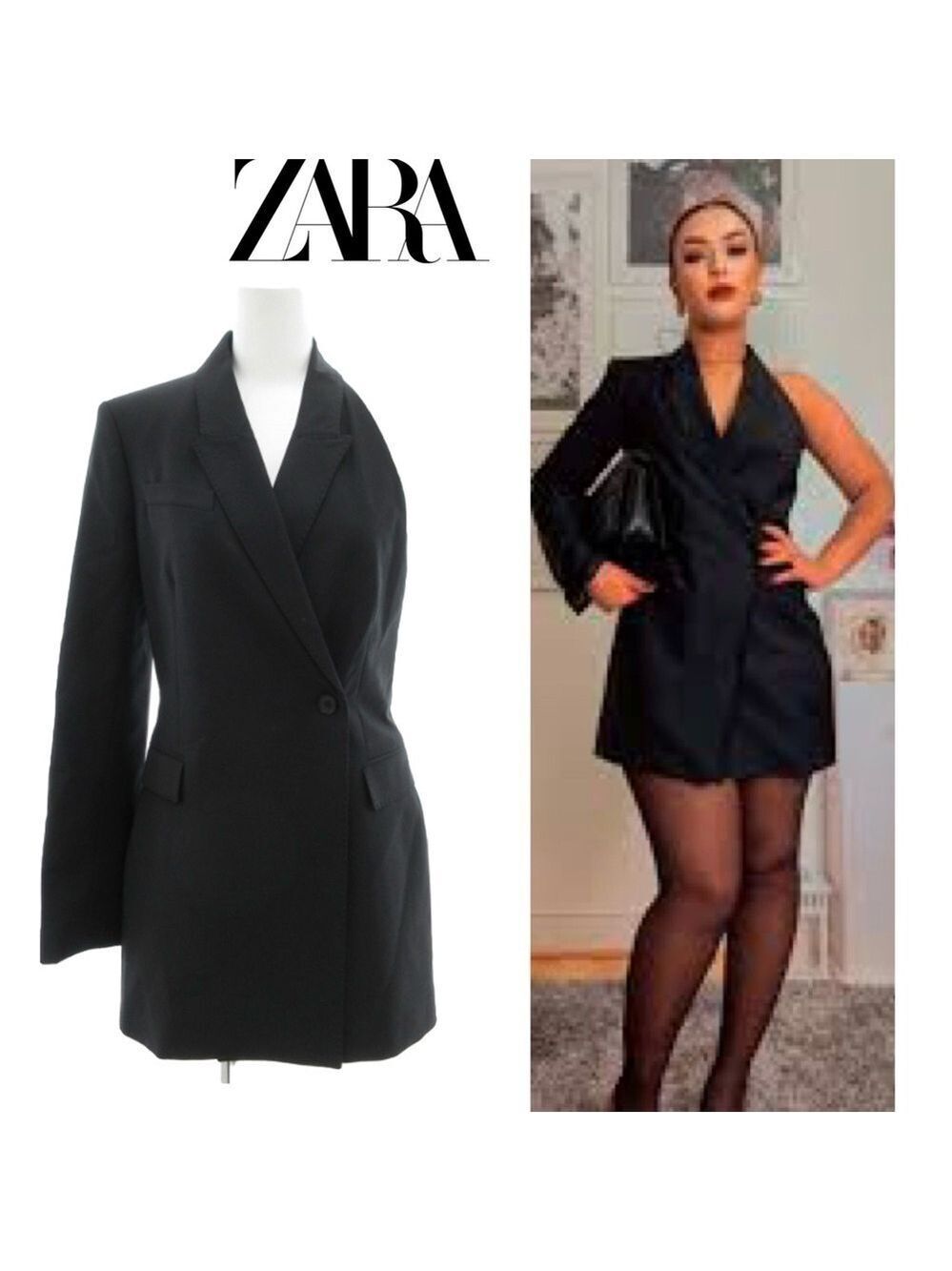 Zara Black Lapel Collar asymmetrical one sleeve double breasted blazer dress S